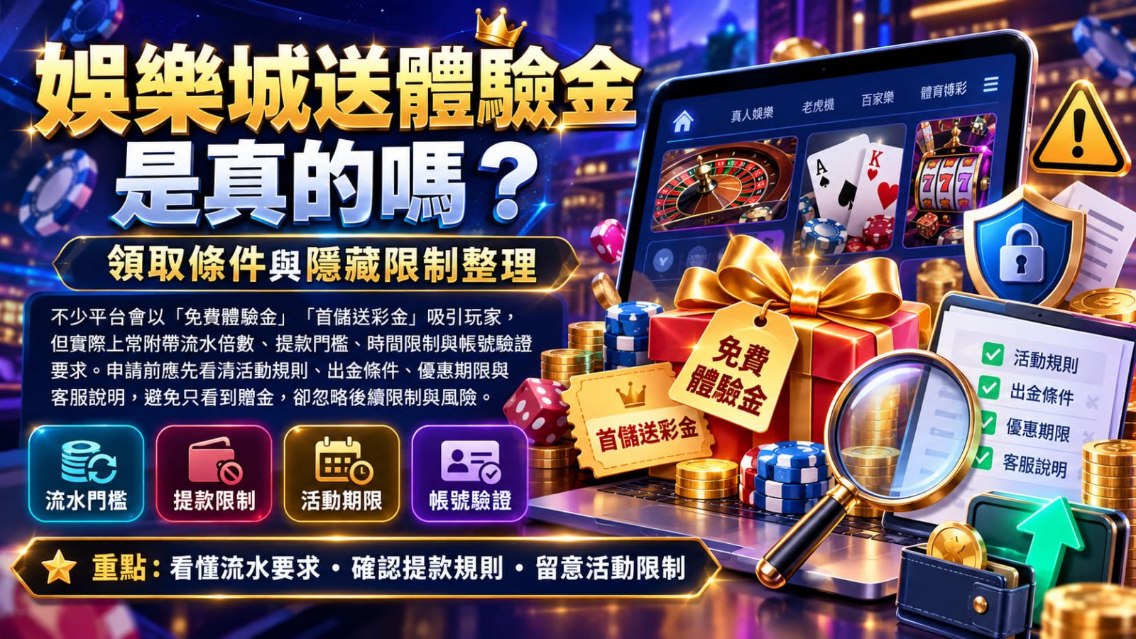娛樂城送體驗金真的不用花錢？先看清楚領取資格與使用規則，避免優惠陷阱。。
